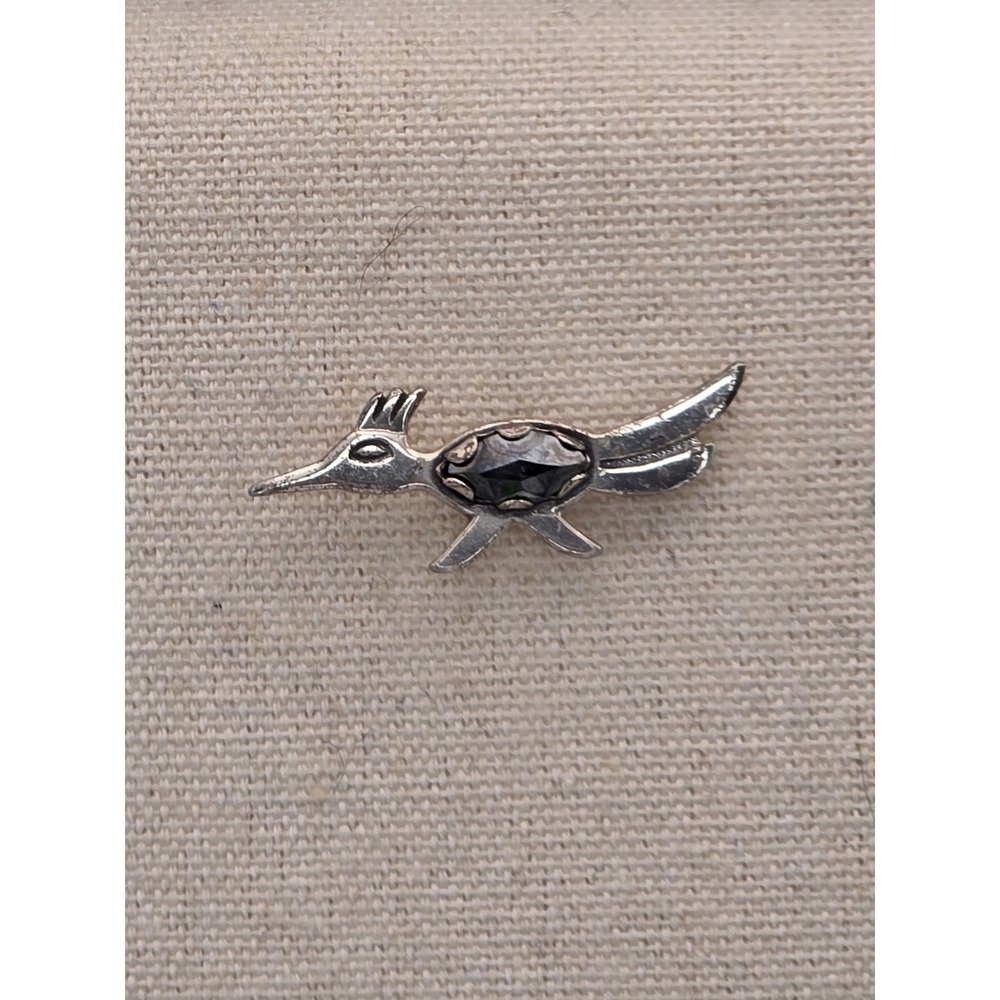 Native BELL TRADING POST Road Runner Tie Tack Pin‎ Hematite 925 Sterling Silver